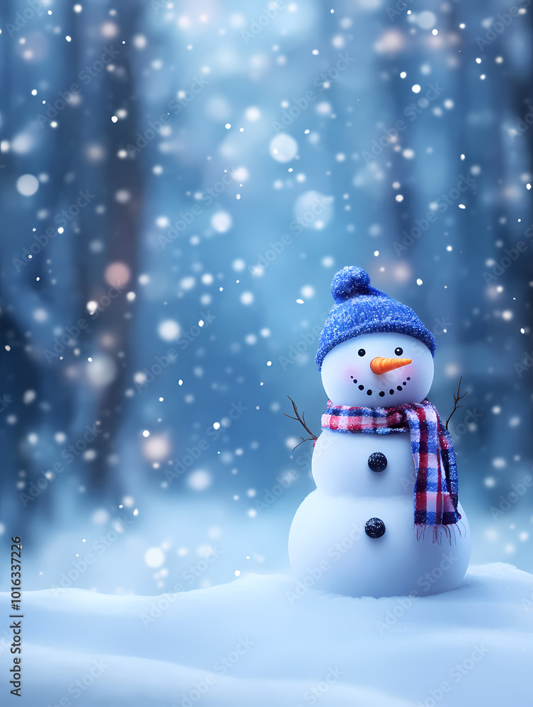 Christmas Winter Background with Snowman and Blurred Bokeh: Merry Christmas and Happy New Year Greeting Card Christmas Winter Background with Snowman and Blurred Bokeh: Merry Christmas and Happy New Year Greeting Card