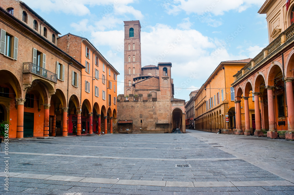 Piazza Giuseppe Verdi with Oratory of Santa Cecilia, Opera House and medieval buildings, Bologna, Italy
