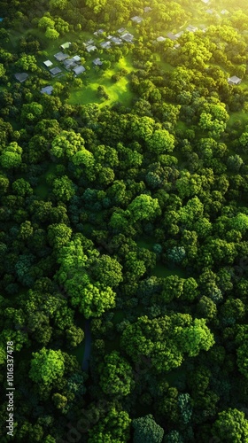 Aerial view of lush green forest with scattered clearing, showcasing vibrant foliage and serene natural landscape.