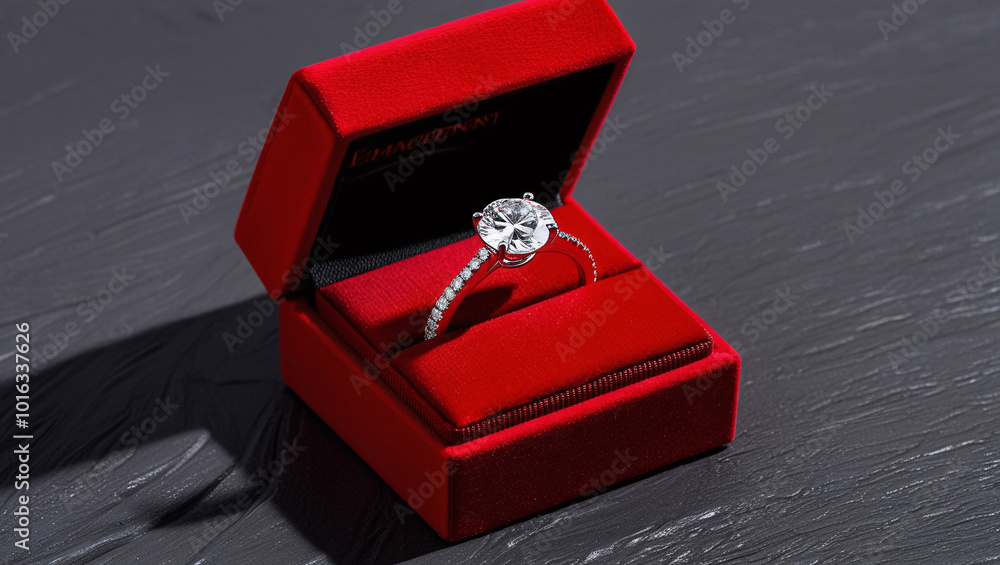 A diamond engagement ring in a red box on a grey background, white, red, love, gift, box, background, valentine A diamond engagement ring in a red box on a grey background, white, red, love, gift, box, background, valentine