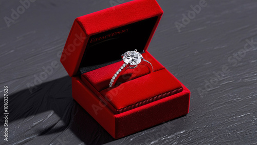 A diamond engagement ring in a red box on a grey background, white, red, love, gift, box, background, valentine