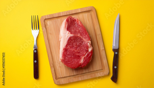 Juicy raw steak and cutlery on yellow background. Fresh uncooked meat. Cooking and culinary