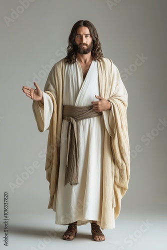 A man dressed in a white robe and a brown belt stands in front of a white background. He is a religious figure, possibly Jesus Christ. Concept of reverence and spirituality photo