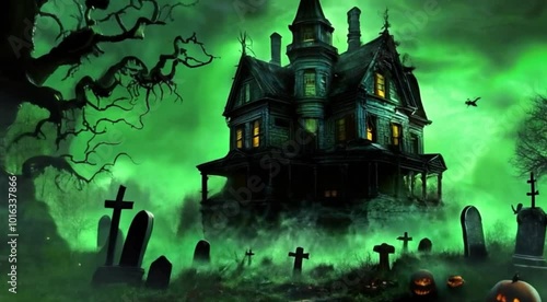 spooky castle halloween night in green background 
