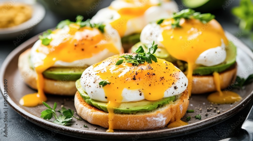 A beautifully plated gourmet eggs Benedict with perfectly poached eggs, avocado, and hollandaise sauce on an English muffin, garnished with fresh herbs. A beautifully plated gourmet eggs Benedict with perfectly poached eggs, avocado, and hollandaise sauce on an English muffin, garnished with fresh herbs.