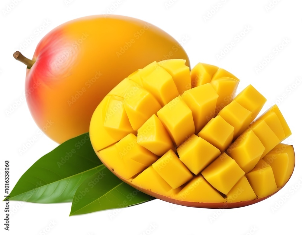 A ripe mango with sliced pieces, green leaves, and a whole mango in the background A ripe mango with sliced pieces, green leaves, and a whole mango in the background