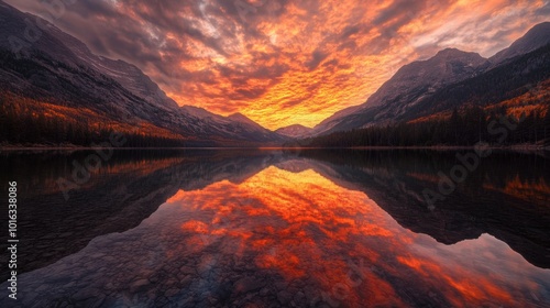 A breathtaking sunset over Swift Lake, with fiery orange and red skies reflected perfectly in the glassy water below.