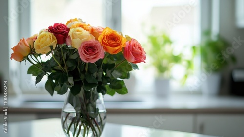 Wallpaper Mural A bright and airy kitchen with a vase of multicolored roses on the counter, adding a touch of nature to the home. Torontodigital.ca