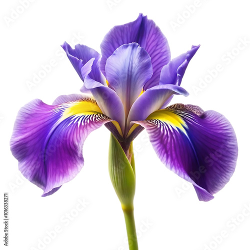 Vibrant purple iris flower, macro photography, detailed petals, yellow accents, transparent background