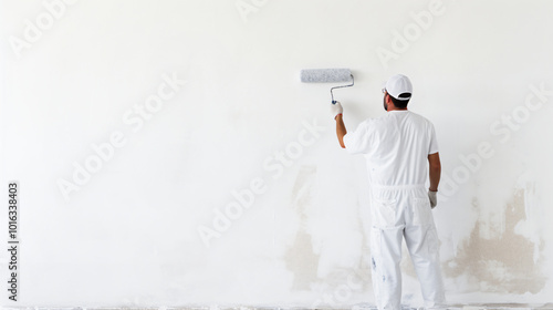A professional painter in white uniform and white cap using a roller to paint a white wall