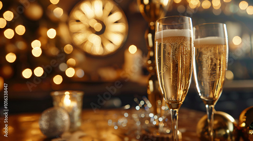 Two champagne glasses with sparkling wine on a table, with blurred festive lights and a clock in the background. New Year's Eve themed background in golden tones