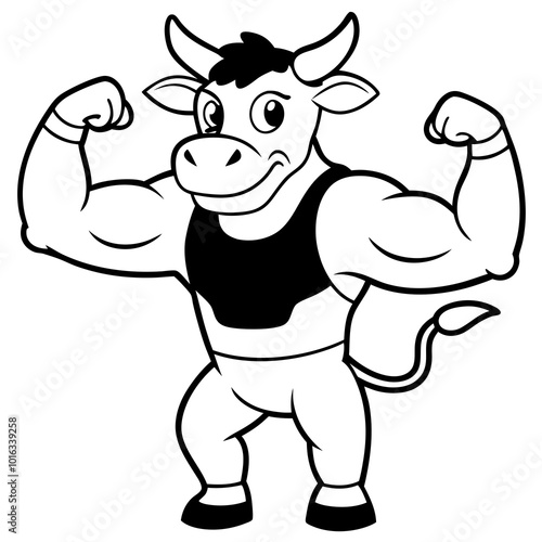 Muscular Angry Cow Flexing Muscles in Bandana Line Art Vector Design