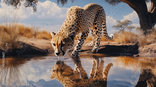 A cheetah drinking water from a small waterhole, reflecting its graceful movements and thirst in the hot savanna.