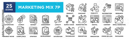 Marketing Mix 7P icon collection set. Containing design marketing, product, business, promotion, price