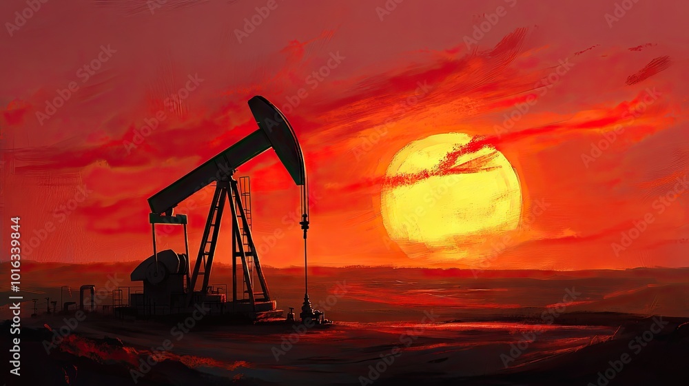 A rig oil pump working in the foreground as the sun sets behind the desert horizon, the sky glowing in shades of red and gold. A rig oil pump working in the foreground as the sun sets behind the desert horizon, the sky glowing in shades of red and gold.