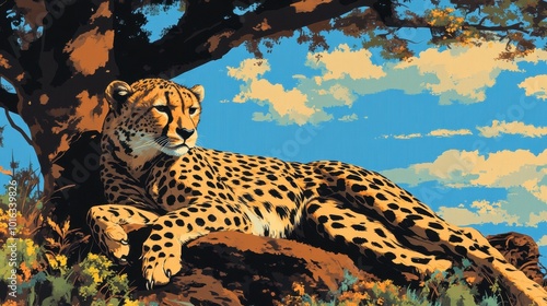 A cheetah lounging in the shade, grooming itself, surrounded by the vibrant colors of the African landscape.