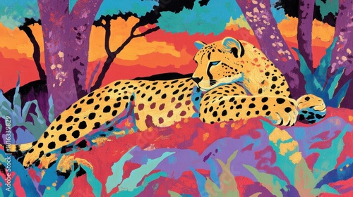 A cheetah lounging in the shade, grooming itself, surrounded by the vibrant colors of the African landscape.