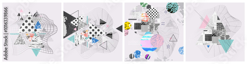 Different textures and shapes artistic vector illustration collage set. Geometric abstract design, creative background for banner, brochure, card, invitation, flyer, placard, poster, report, artwork	