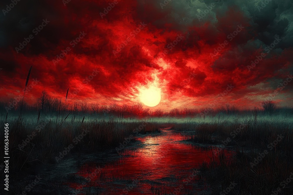 dramatic red sky filled with ominous clouds creating a striking and unsettling atmosphere perfect for capturing the essence of horror dramatic red sky filled with ominous clouds creating a striking and unsettling atmosphere perfect for capturing the essence of horror