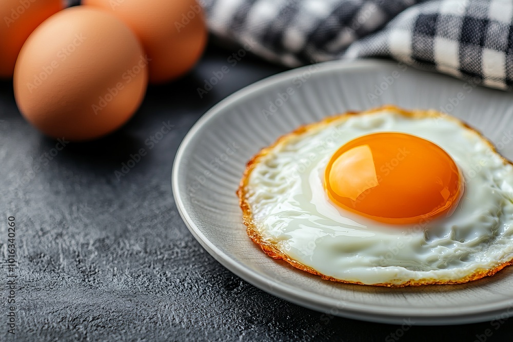 A fresh fried egg on a plate with a rich yolk, accompanied by raw eggs and a stylish kitchen towel. A fresh fried egg on a plate with a rich yolk, accompanied by raw eggs and a stylish kitchen towel.