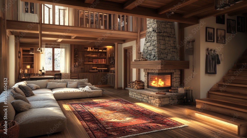 Cozy living room with a fireplace, a large sofa, and a wooden staircase. Cozy living room with a fireplace, a large sofa, and a wooden staircase.