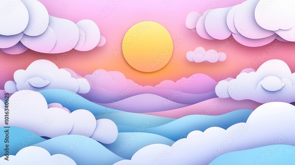 A vibrant paper-cut style landscape featuring a sun and colorful clouds.