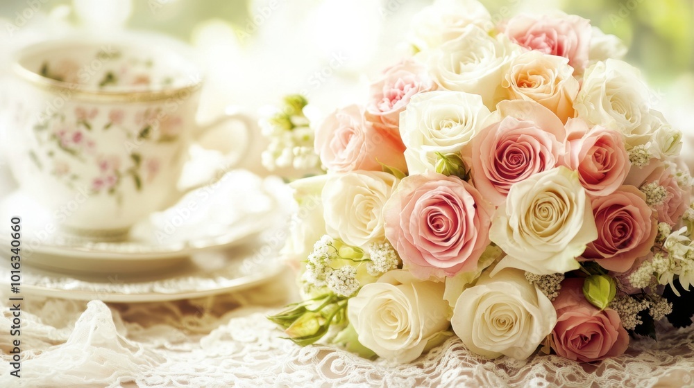 A close-up of a bouquet of multicolored roses on a wedding table, adorned with delicate lace and fine china, exuding romance. A close-up of a bouquet of multicolored roses on a wedding table, adorned with delicate lace and fine china, exuding romance.