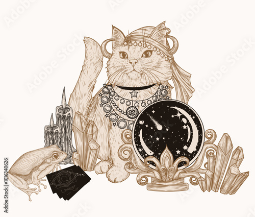 Vector illustration of a fortune teller cat with a magic ball, frog, cards and crystals in engraving style