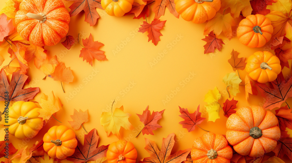 Fototapeta premium Thanksgiving greeting card with pumpkins and autumn leaves frame.