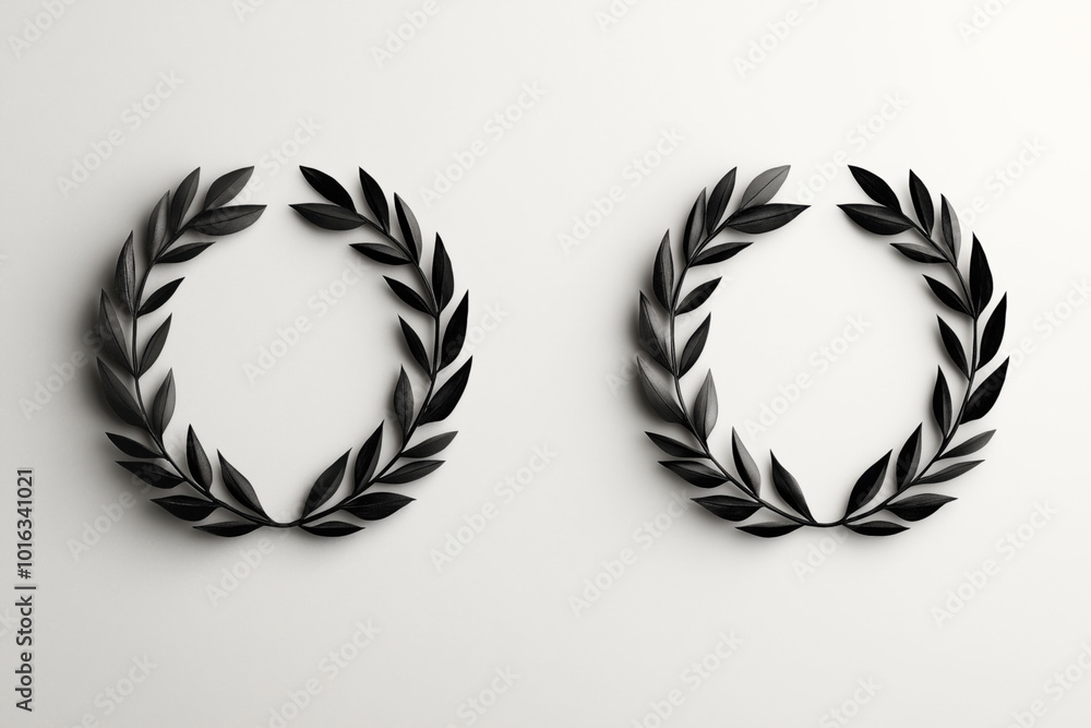 Obraz premium Two black laurel wreaths on a plain light background, arranged side by side. They appear as minimalist, symmetrical design elements with a classic look.