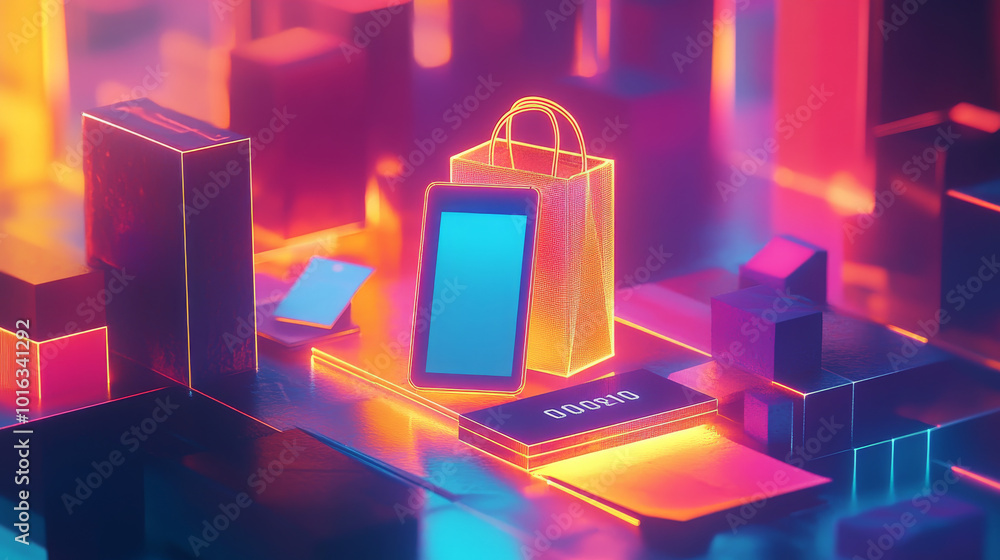 A futuristic online shopping scene with a glowing phone, shopping bag, and credit card. The design uses a modern, geometric style.low poly wireframe. A futuristic online shopping scene with a glowing phone, shopping bag, and credit card. The design uses a modern, geometric style.low poly wireframe.