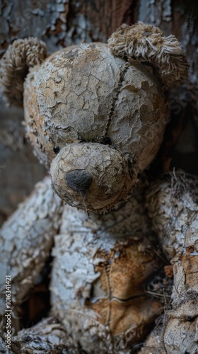 A close-up of a cracked and deteriorated teddy bear sitting against a wooden background. The bear's peeling fabric and weathered appearance convey a haunting sense of neglect and the passage of time.