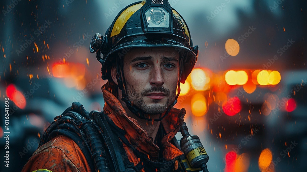Firefighter in Action, Rain and Lights Firefighter in Action, Rain and Lights