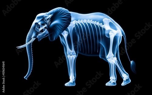 An x-ray illustration of an elephant showcasing its skeletal structure against a dark background, highlighting animal anatomy.