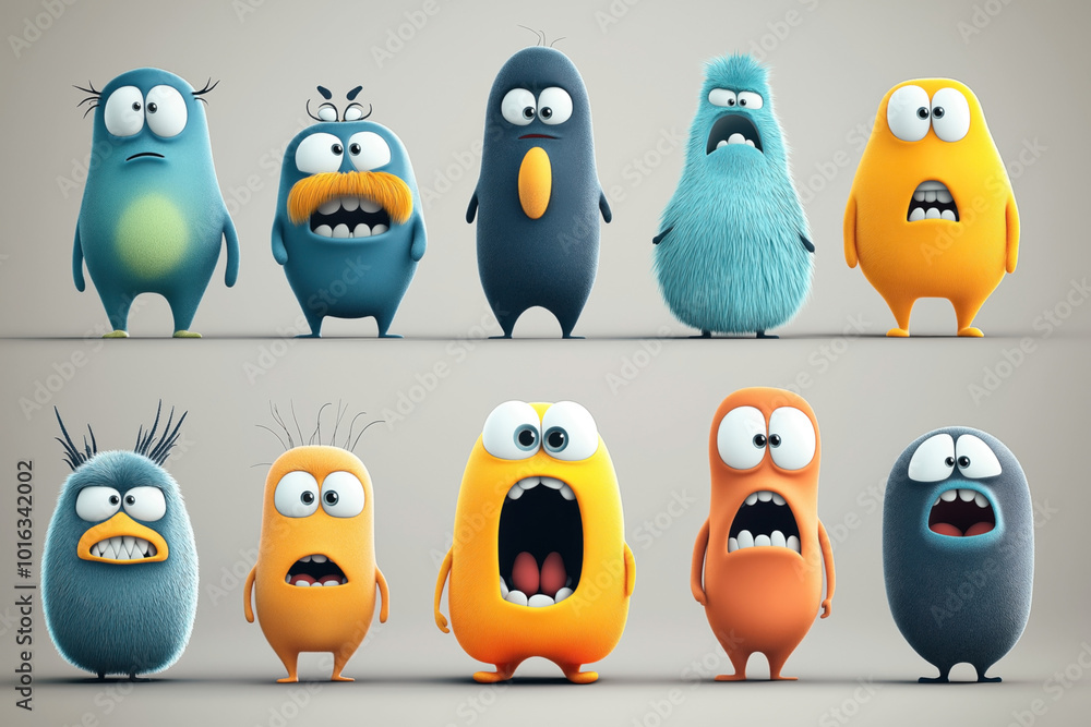 Fototapeta premium A group of ten cute and colorful cartoon monster characters with various expressions and features, arranged in two rows against a plain background.