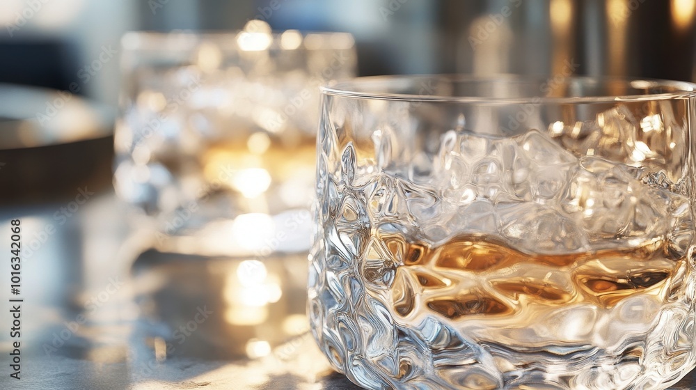 A close-up of textured glassware with a multi-dimensional surface, enhancing the tactile and visual appeal of each drink. A close-up of textured glassware with a multi-dimensional surface, enhancing the tactile and visual appeal of each drink.