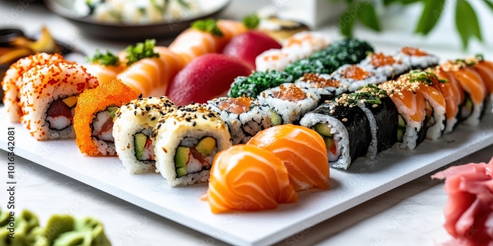 A variety of sushi rolls and sashimi displayed on a white slate plate. The rolls with salmon, tuna, avocado, and cucumber. close up, light background. sushi and sashimi set. A variety of sushi rolls and sashimi displayed on a white slate plate. The rolls with salmon, tuna, avocado, and cucumber. close up, light background. sushi and sashimi set.