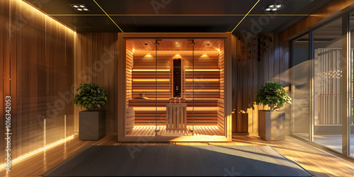  Modern wooden entrance with double doors near by large glass window 