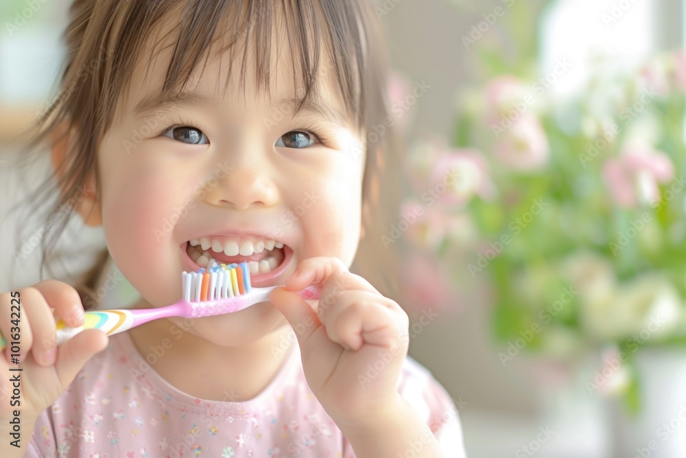 A cheerful child brushing her teeth with a colorful toothbrush, promoting dental hygiene and healthy habits.
