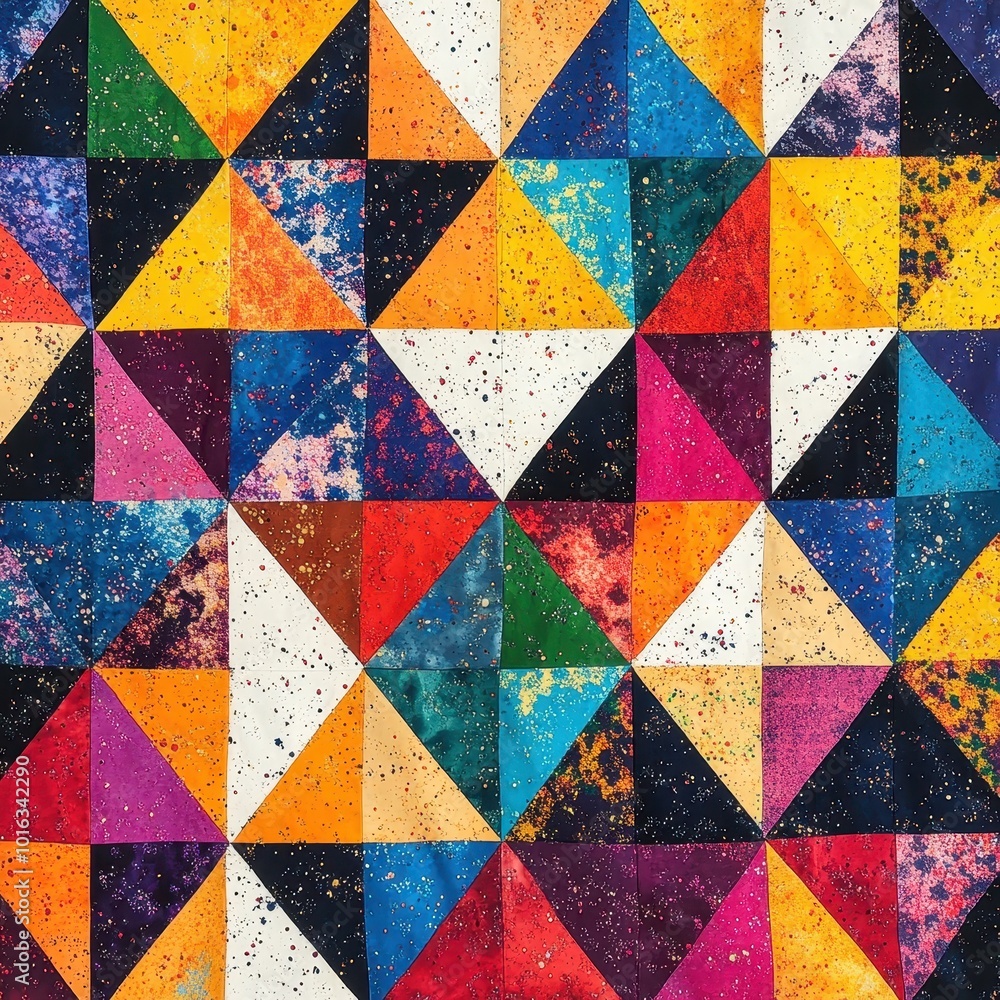 A vibrant quilt featuring colorful triangular patterns in various hues. A vibrant quilt featuring colorful triangular patterns in various hues.