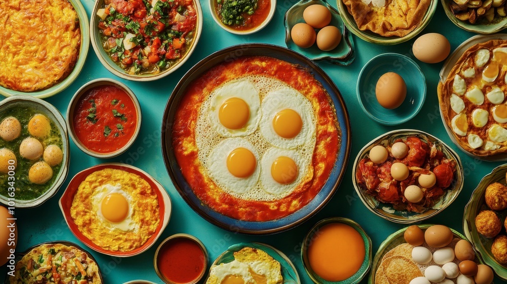 A colorful display of egg dishes from around the world, featuring shakshuka, frittata, and tamagoyaki, artfully arranged on a table. A colorful display of egg dishes from around the world, featuring shakshuka, frittata, and tamagoyaki, artfully arranged on a table.