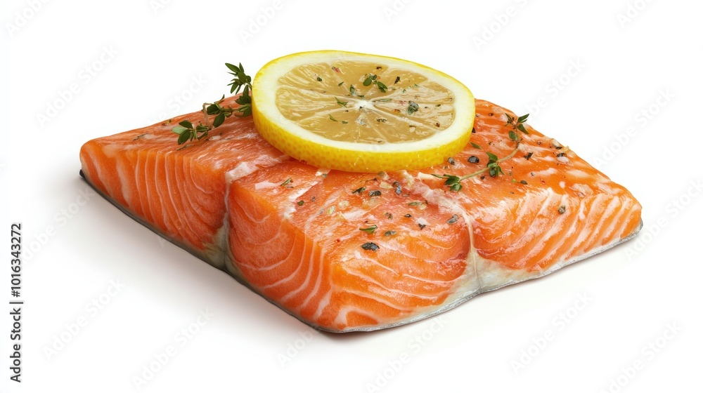 Freshly Cooked Salmon Fillet with Lemon and Herbs, Isolated on White Background Freshly Cooked Salmon Fillet with Lemon and Herbs, Isolated on White Background