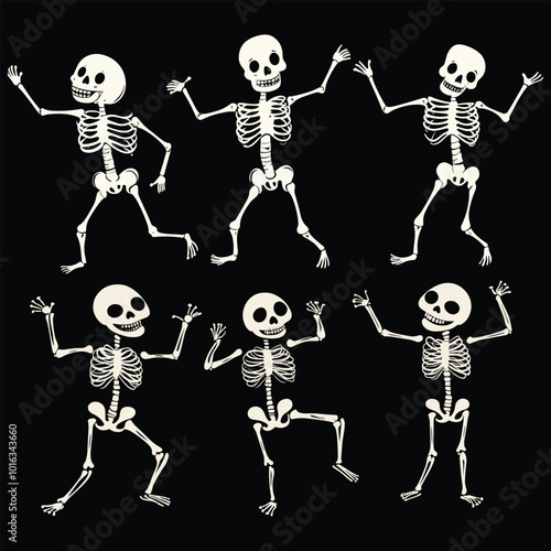 Dancing Skeletons Vector Set. Fun Halloween Illustration