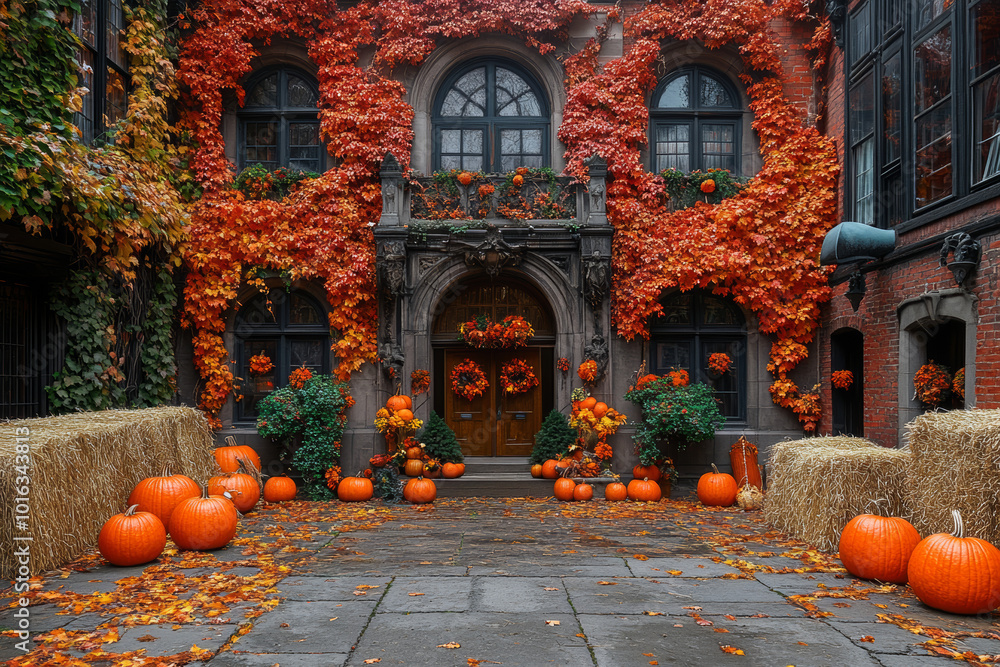 Fototapeta premium An old, stone building with orange and red vines covering the front, pumpkins, and hay bales create a festive autumn scene.