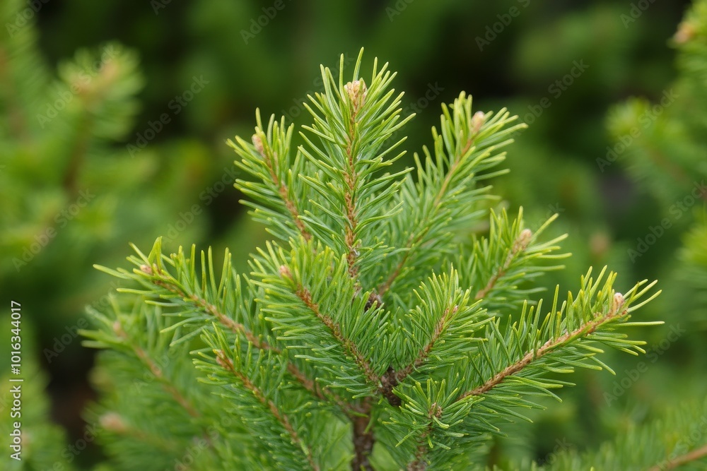 A close-up of a young fir branch with a garland in the summer. MZ A close-up of a young fir branch with a garland in the summer. MZ
