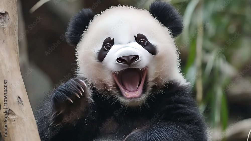 Obraz premium A joyful, playful panda frolics in its natural habitat in China, showcasing its playful nature as it rolls and tumbles, embodying the charm and innocence of these beloved creatures.