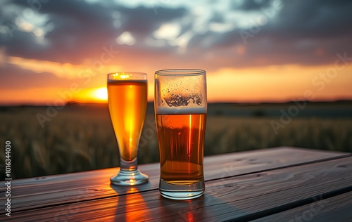 Golden Pint of Beer Against a Sunset Landscape