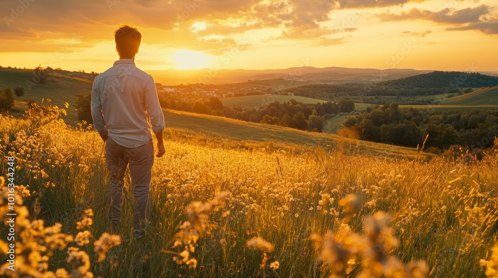 Fototapeta premium A man walks through a field of tall grass, looking out at a beautiful sunset over rolling hills.