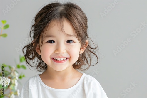 A cheerful girl with curly hair smiles brightly against a neutral background, radiating innocence and joy in a playful atmosphere.