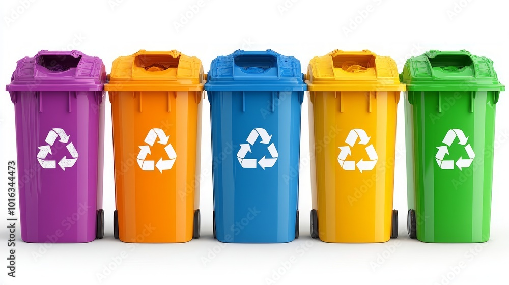 Five colorful recycling bins with wheels and recycling symbols. Five colorful recycling bins with wheels and recycling symbols.